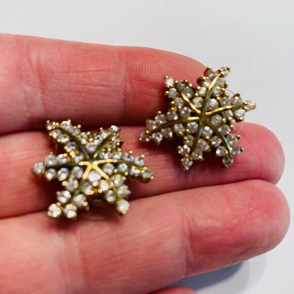Snowflake filigree pierced earrings 925 silver & gold clear crystal signed CL - Picture 5 of 7